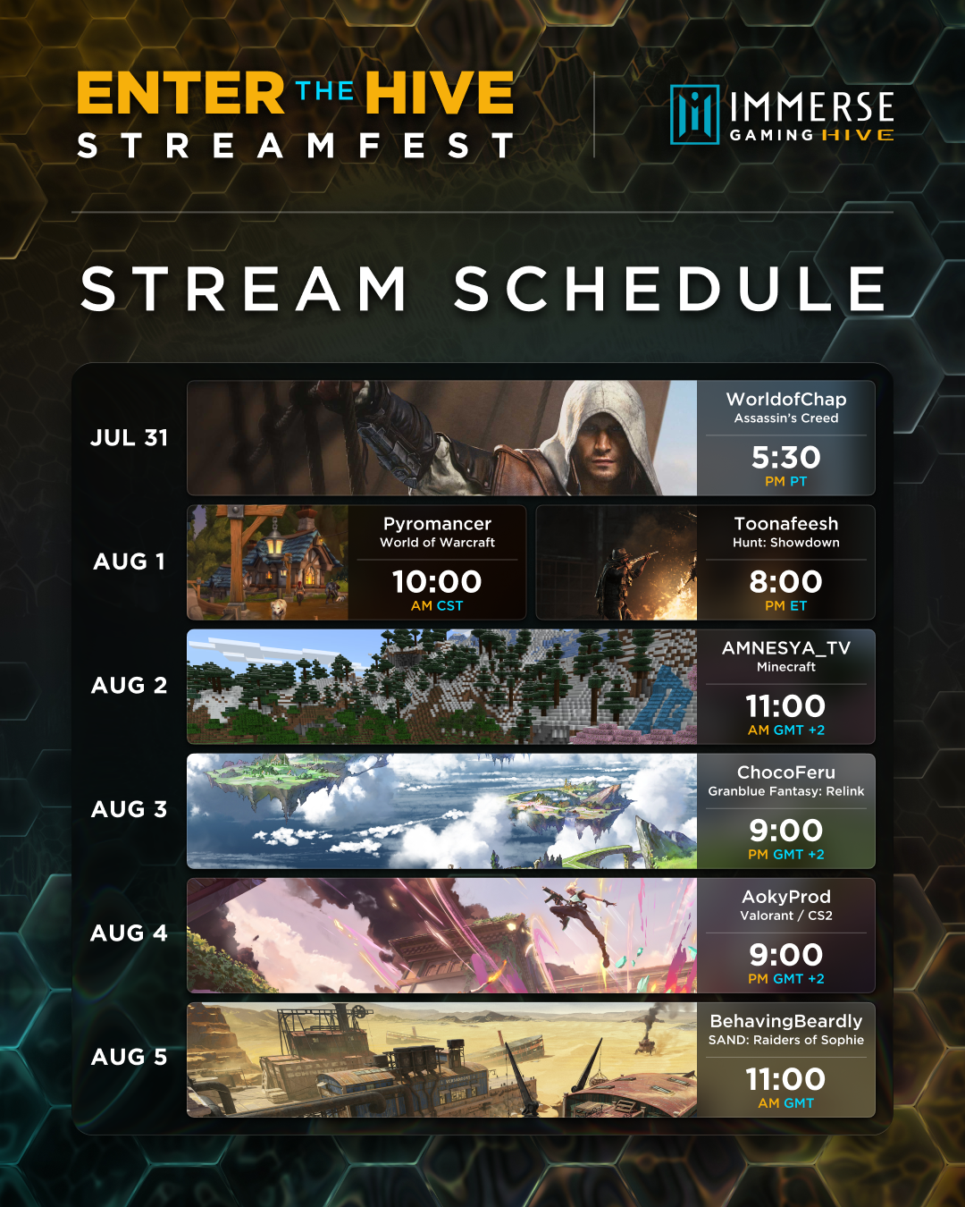 Enter The Hive Streamfest stream schedule, July 31 through August 5, 2026