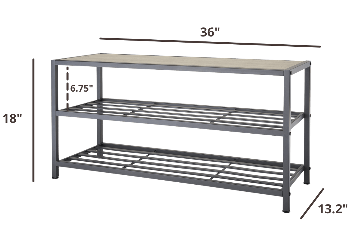 36 inches wide by 18 inches tall by 13 inches deep shoe bench in gray