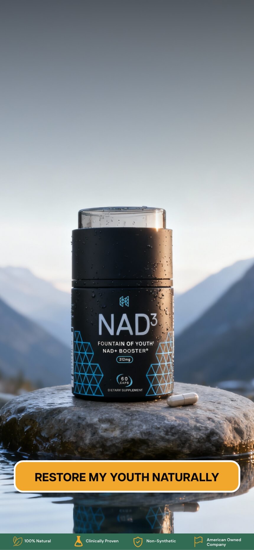 Producto NAD3 en una piedra con montañas al fondo y un llamado a la acción.