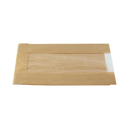 A brown windowed paper bag