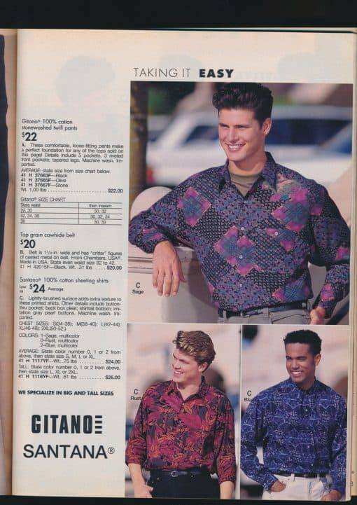 From Sears Spring/Summer 1993, these button-up shirts feature ’90s patterns with a mix of floral and geometric elements. Also, jewel tones for days, right? 