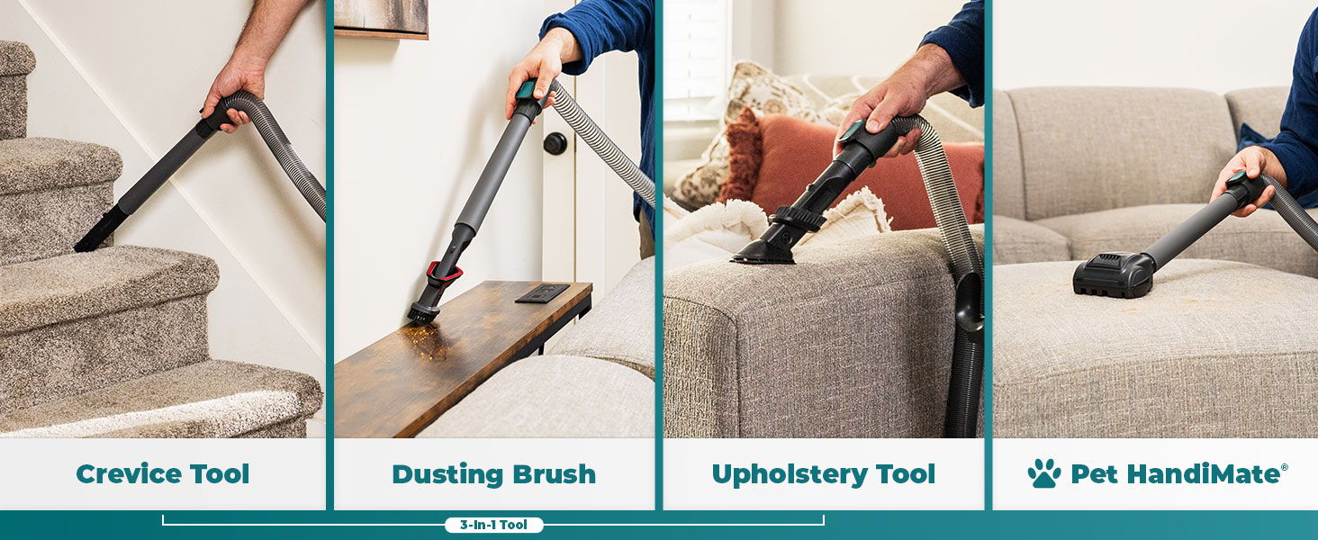 Various vacuum attachments for cleaning different surfaces.