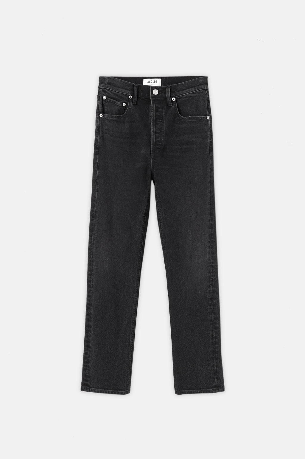 Product image of Riley Straight Jeans, full length jeans in a very dark denim with two front pockets.