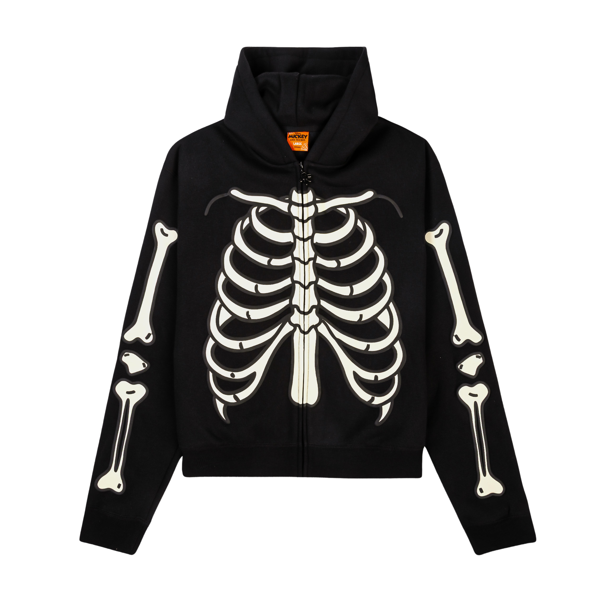 Black hoodie featuring a white skeleton design on the front and sleeves.