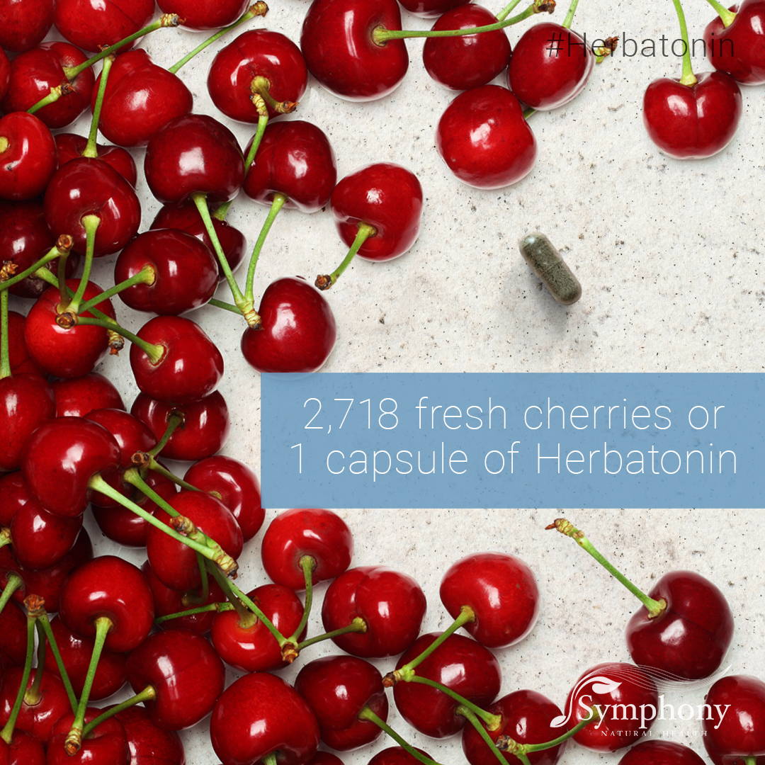 bunch of red cherries with green herbatonin capsule