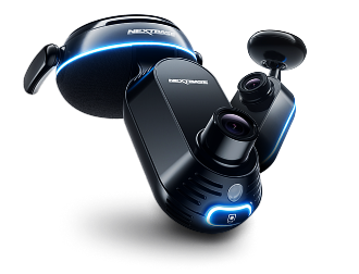 Black dash cam with dual lenses and blue LED accents.