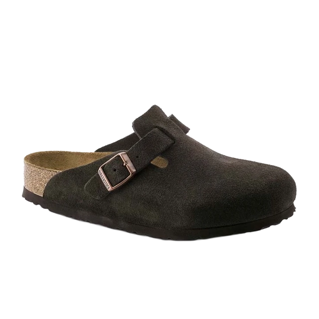 Black suede clog with a strap and buckle.