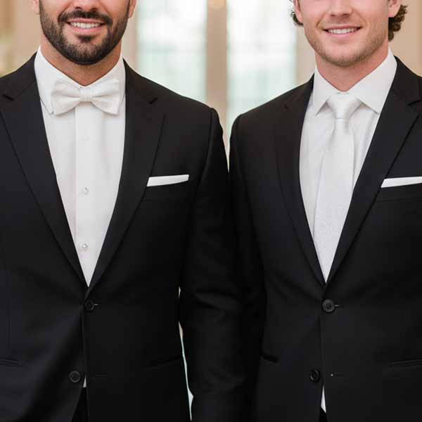 Groom and groomsman wearing matching white paisley ties and bow ties with black suits