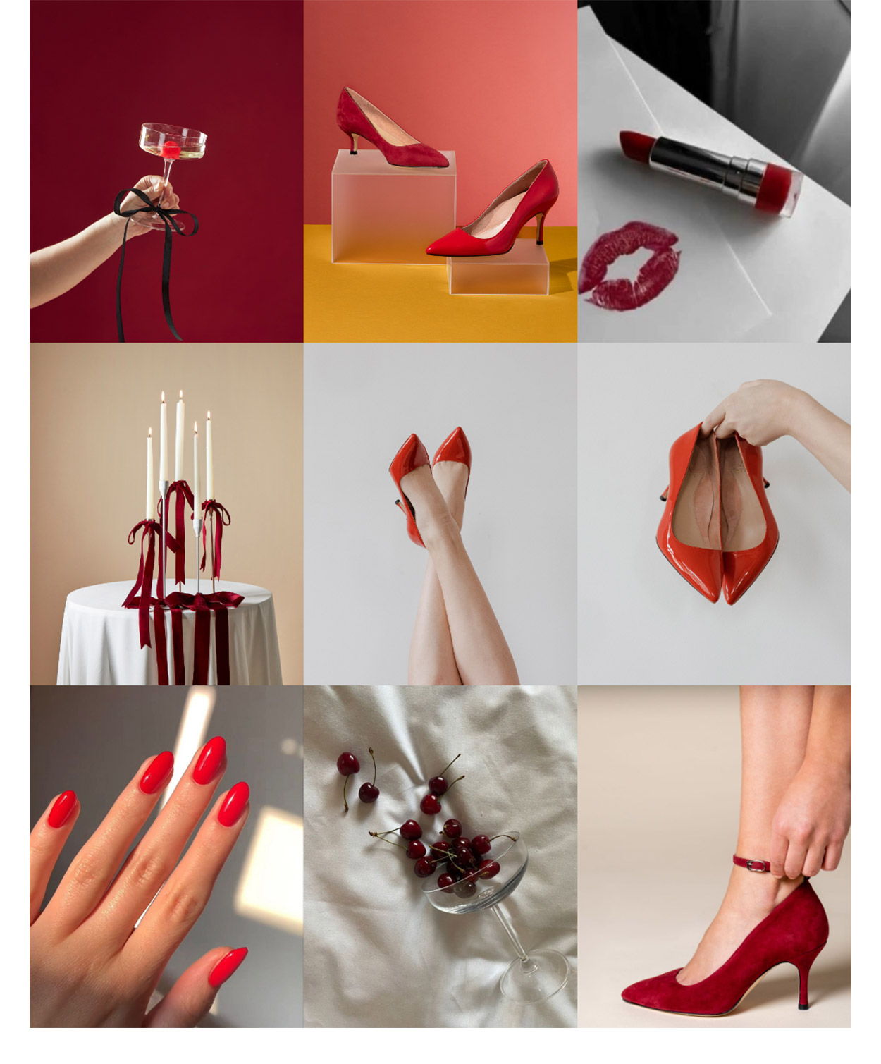 Collage of red high heels, nails, lipstick, and candles.