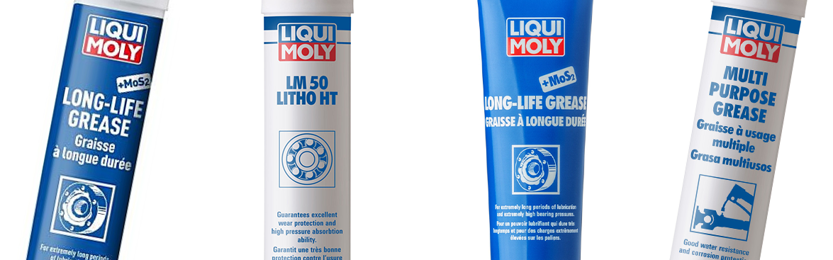 Photo collage of Liqui-Moly greases and lubricants for off-road vehicles.