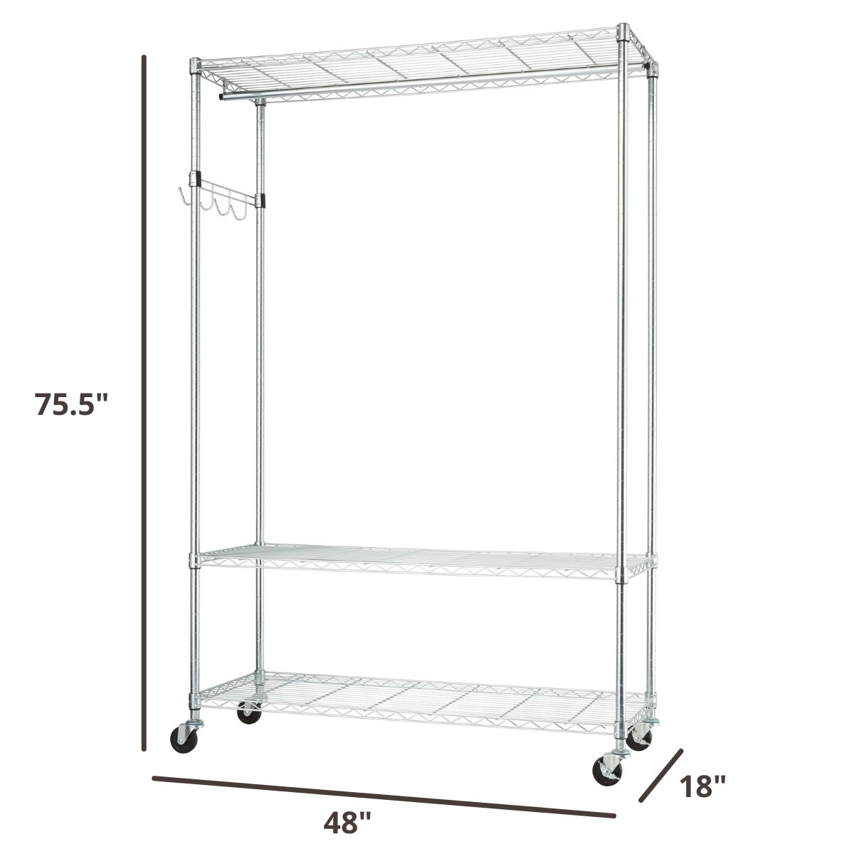 75.7 inches tall by 48 inches wide by 18 inches deep freestanding garment rack