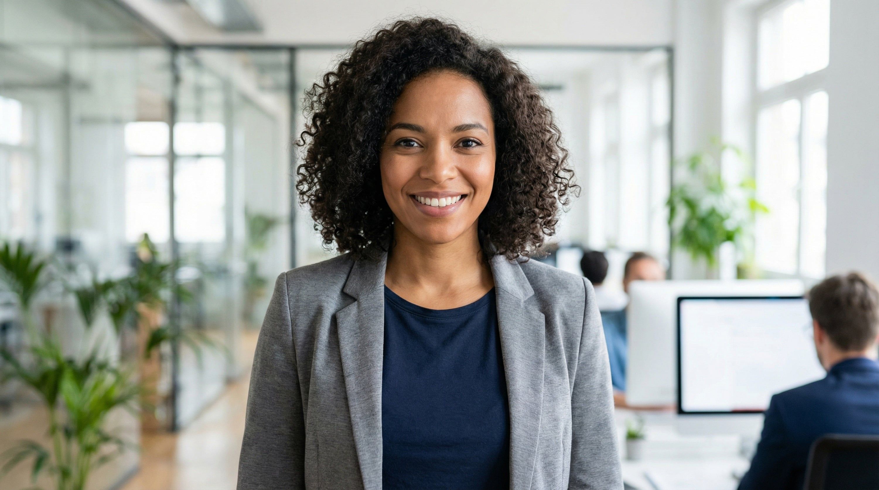 Smiling woman in a suit standing in a modern office environment.