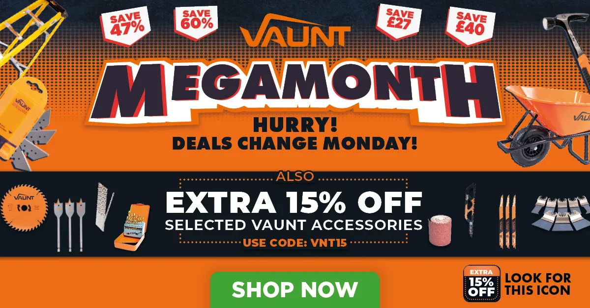 Promotional banner for Vaunt's Megamonth sale with discounts and shop now button.