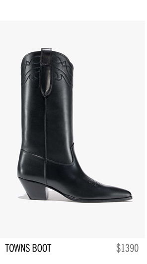 Black leather cowboy boot with a pointed toe and decorative stitching.
