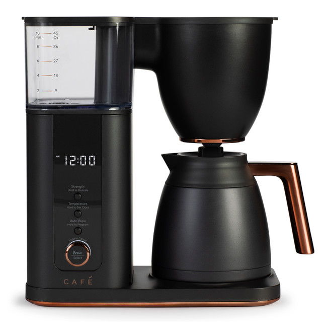 Coffee maker with a digital display and glass carafe.