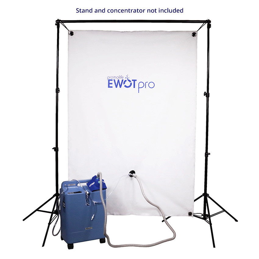 White backdrop with EWOTpro logo and oxygen concentrator setup.