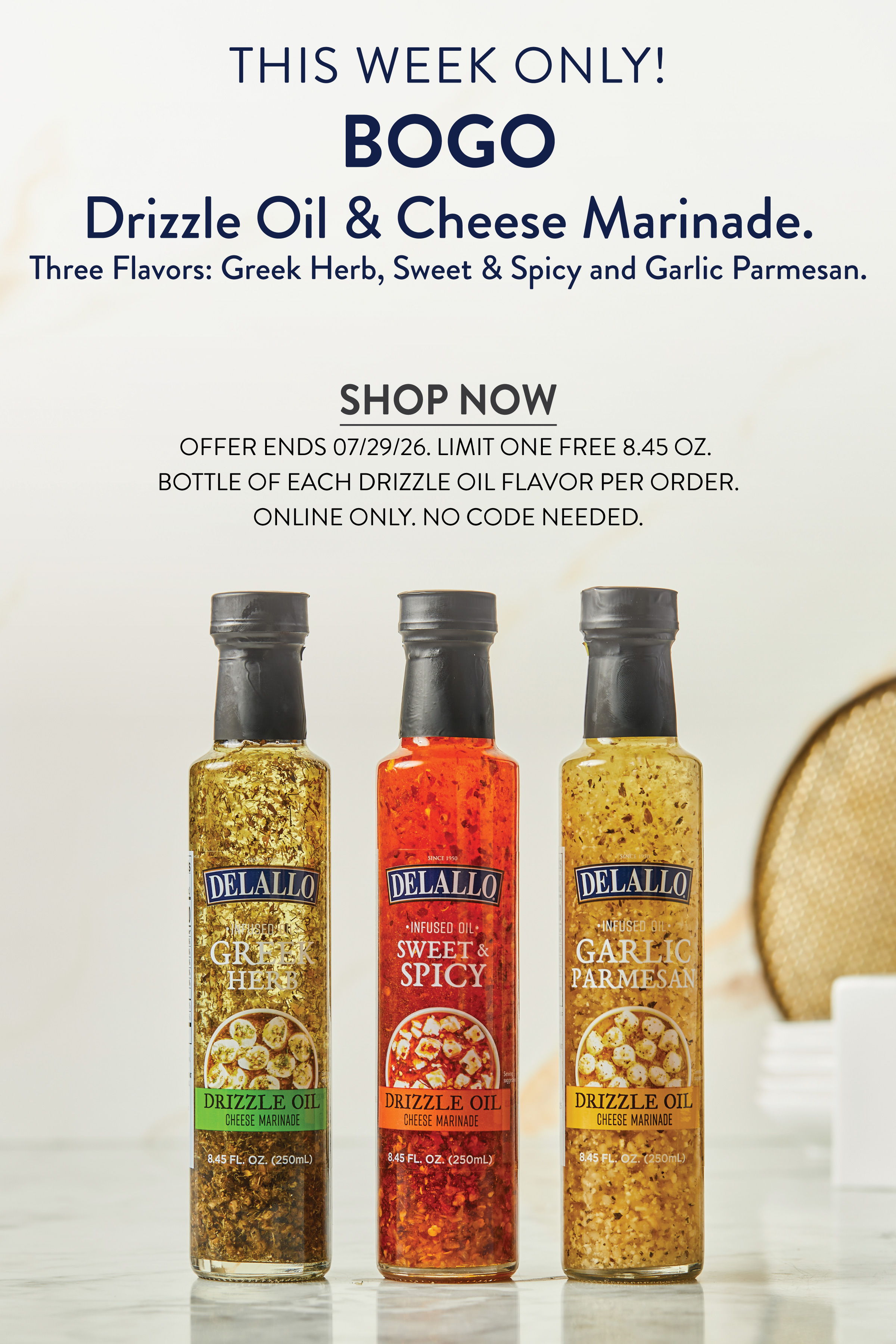 Three bottles of drizzle oil and cheese marinade with promotional text.