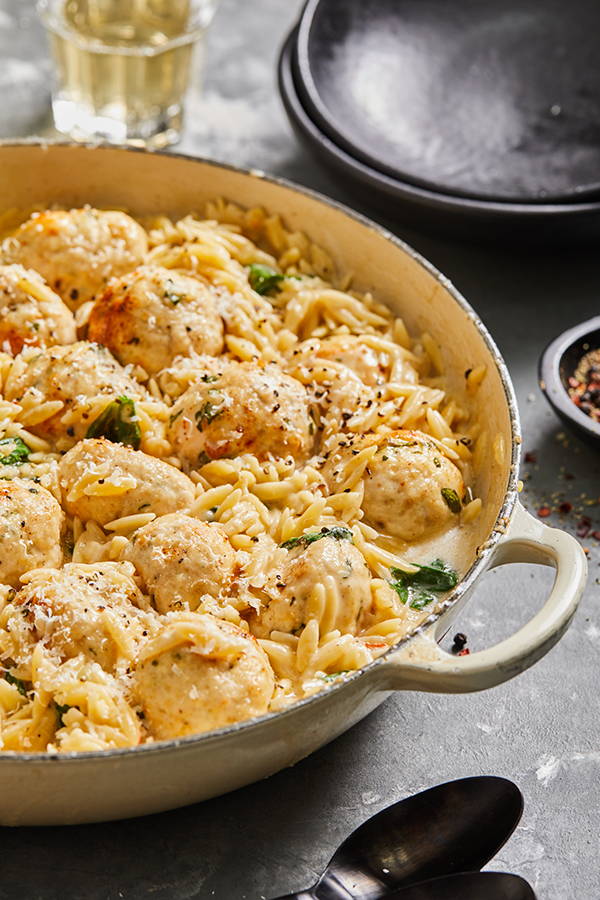 Baked Chicken Meatballs With Creamy Parmesan Orzo