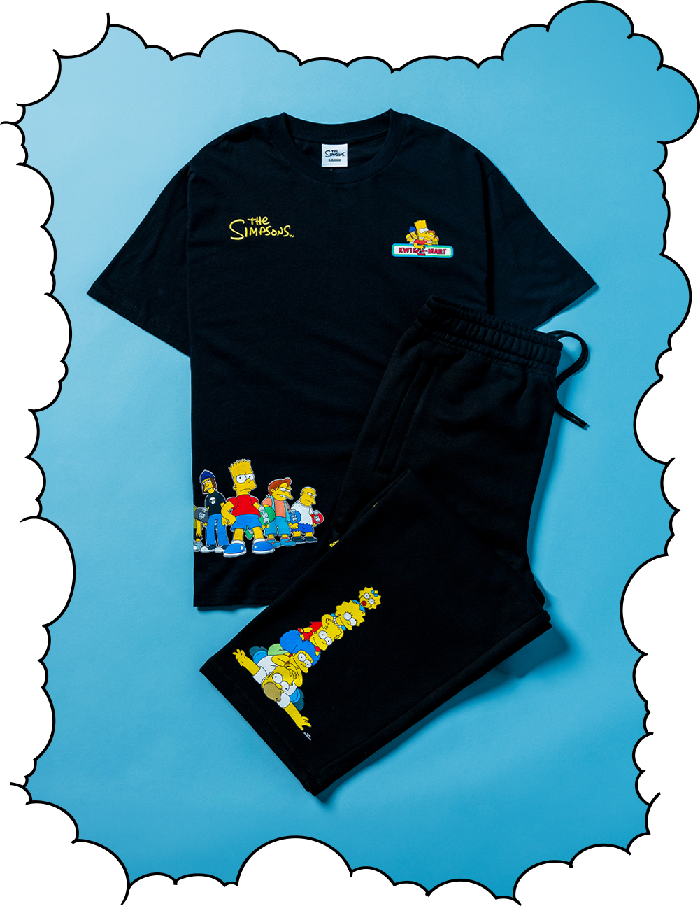 Black t-shirt and pants featuring characters from The Simpsons on a blue background.