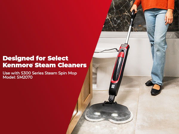A person uses a steam mop on tiled bathroom floor. Pads designed for Kenmore steam mop model SM2070.