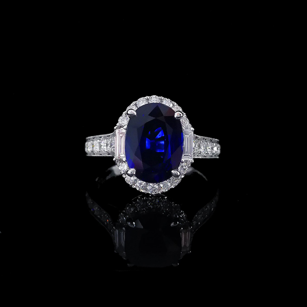5ct Vintage Oval Royal Blue Sapphire Halo Diamond Ring - WILLS JEWELLERY