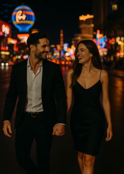 Stylish couple walking together through a vibrant city at night on a romantic date.