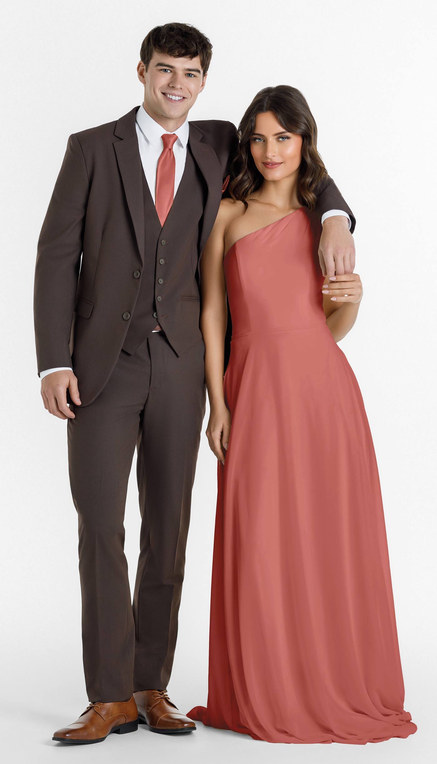 chocolate suit with terracotta bridesmaid dress