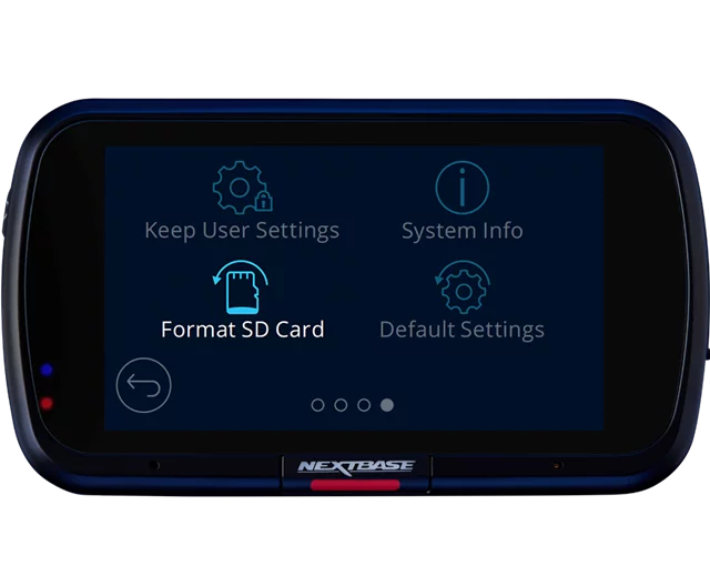 Nextbase dash cam displaying a setup menu with the Format SD Card option