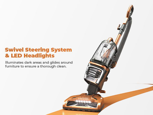 Vacuum cleaner with swivel steering and LED headlights for thorough cleaning.