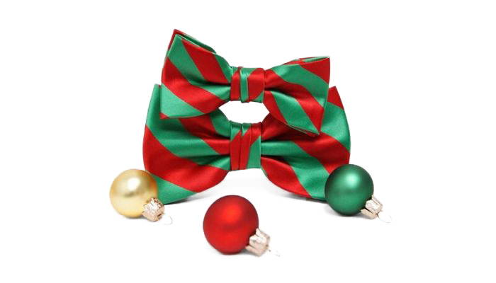 Stacked men's and boys' red and green striped bow ties with small ornaments