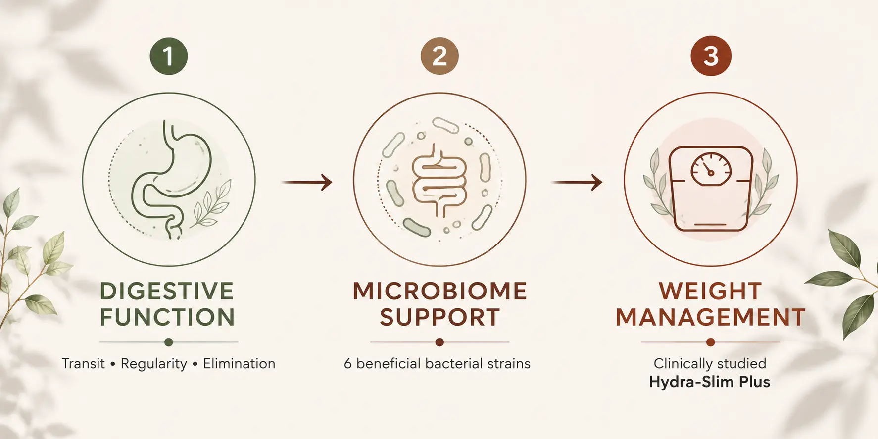 Digestive function, microbiome support, weight management infographic.