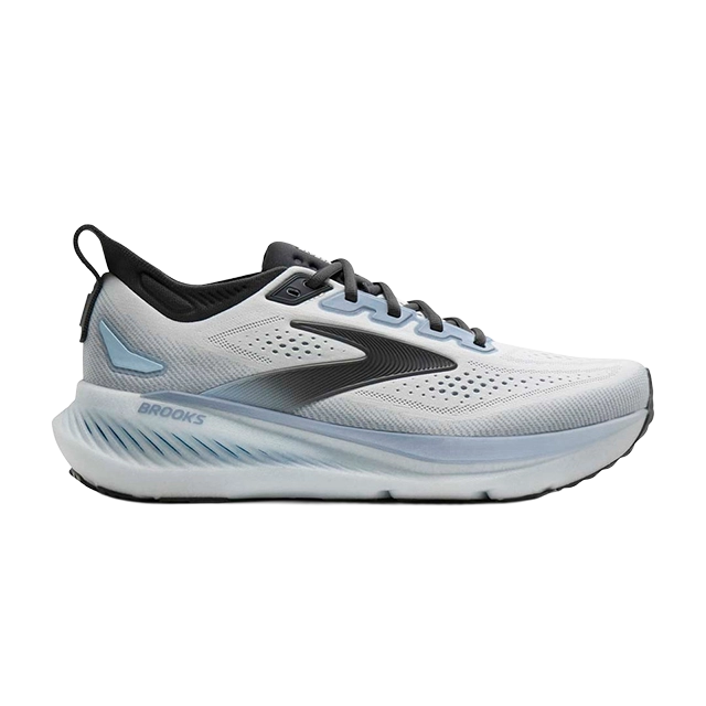 Lightweight running shoe in blue and gray with black accents.