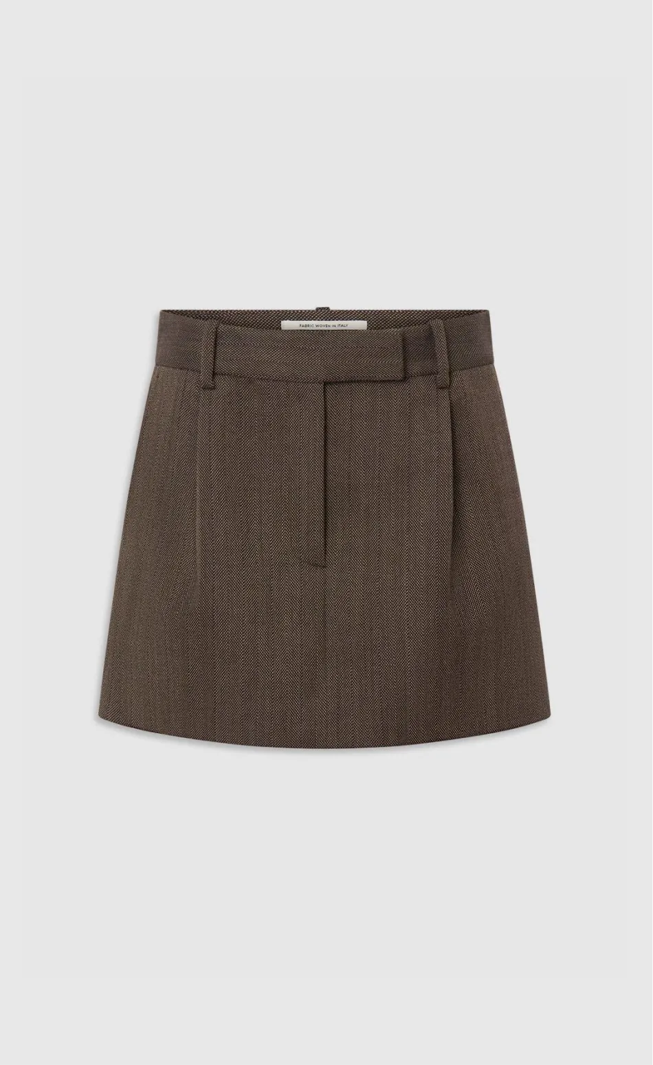 Brown pleated mini skirt with belt loops and waistband.