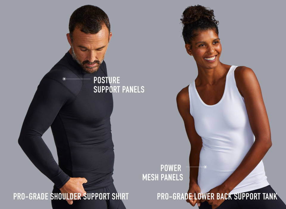 A man and a woman wearing Tommie Copper compression tops
