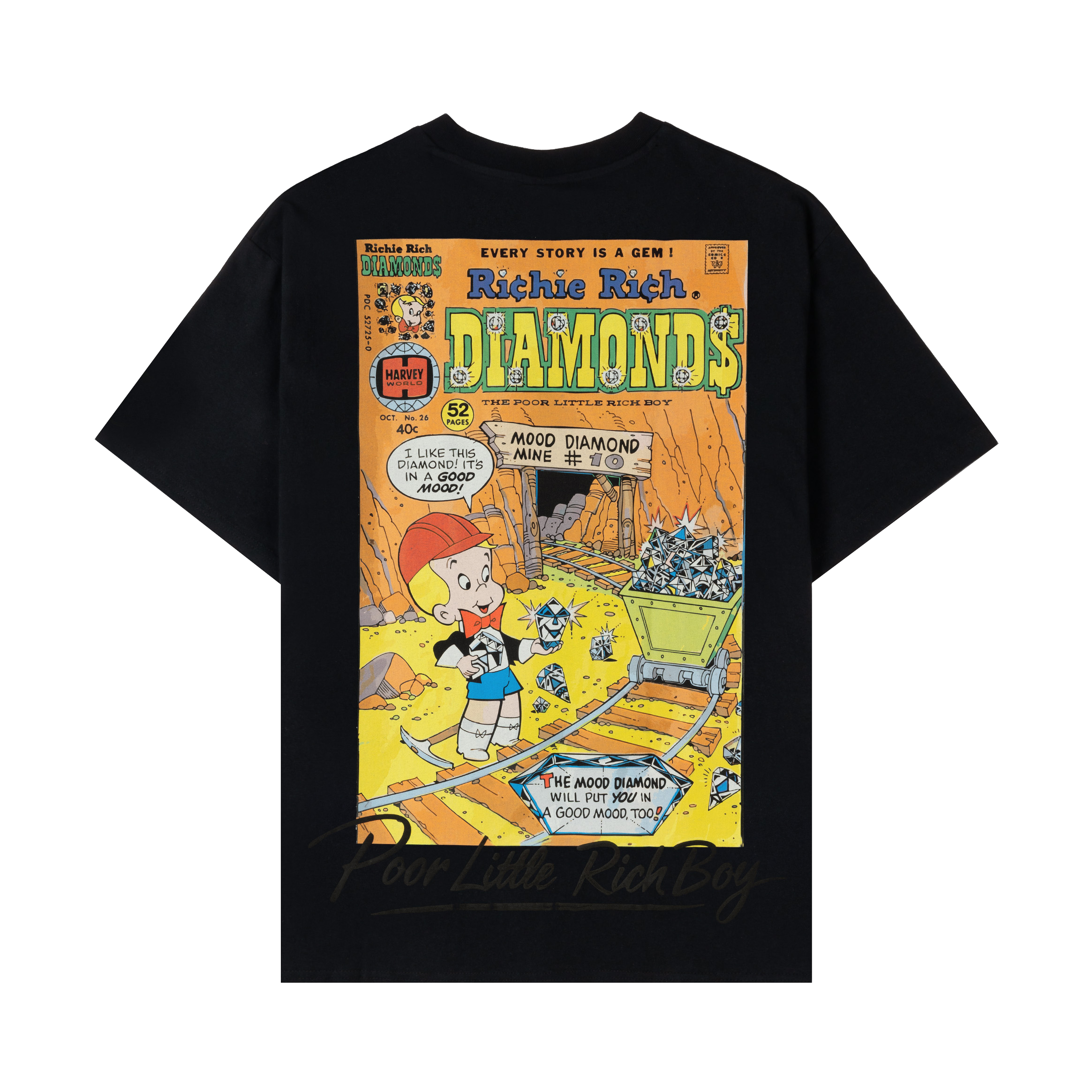 Black t-shirt with colorful graphic designs on the front and side.