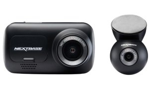 Two black car cameras, one with a lens and one smaller round camera.