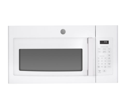 White microwave oven with digital controls and a glass door.