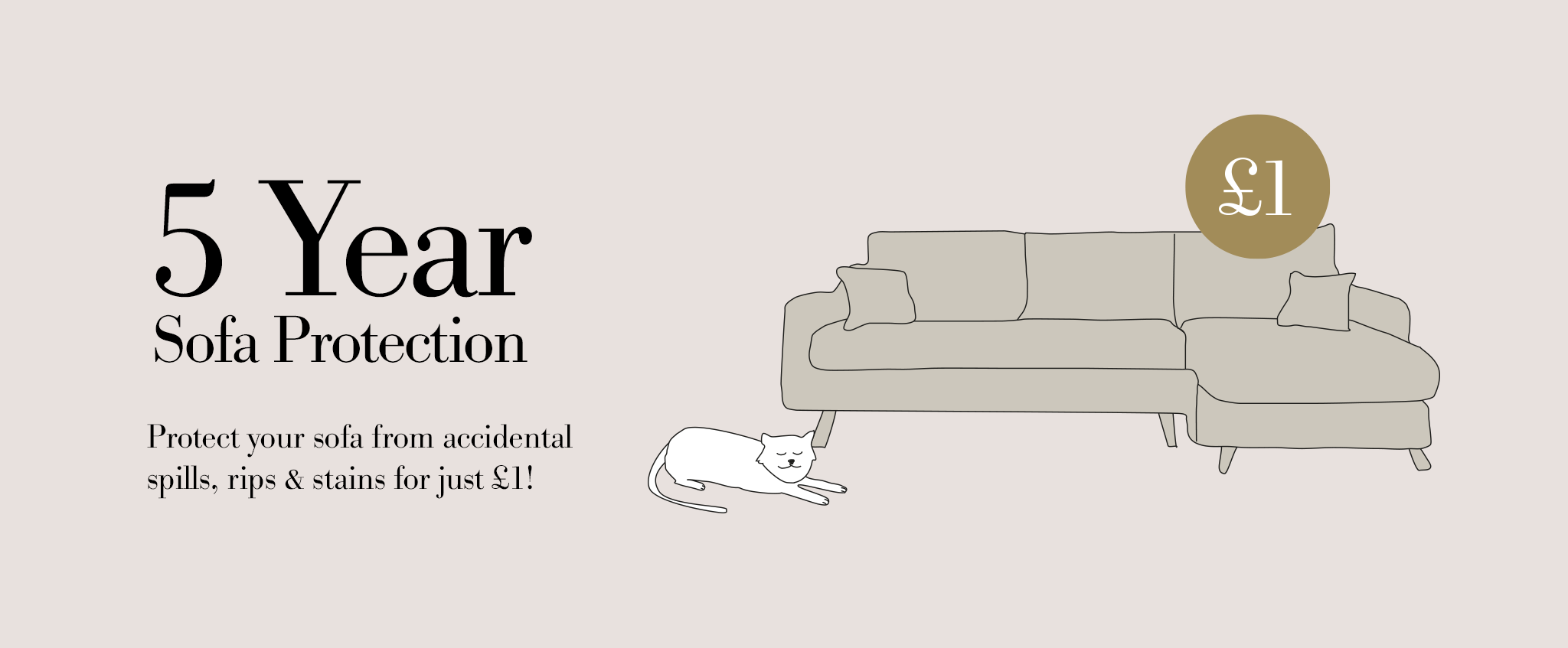 5 Year Sofa Protection banner with illustration of a couch and a spilled cat.