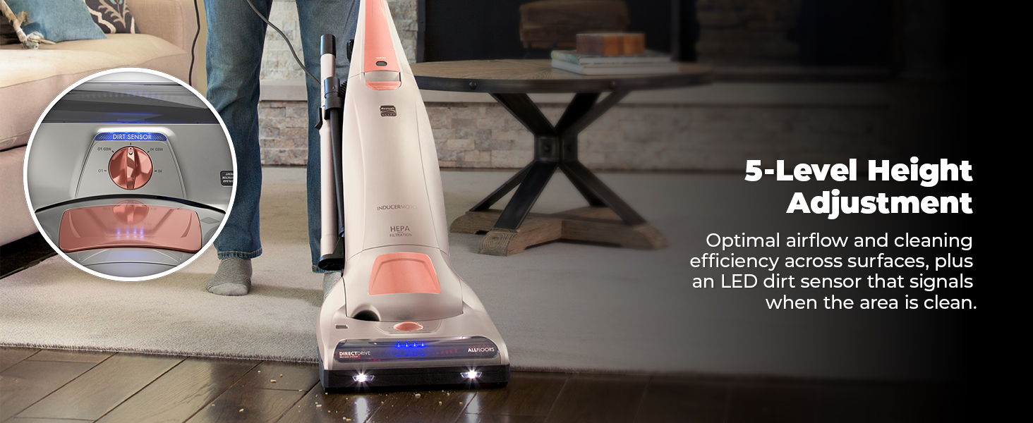 Vacuum cleaner with adjustable height for various surfaces and cleaning efficiency.