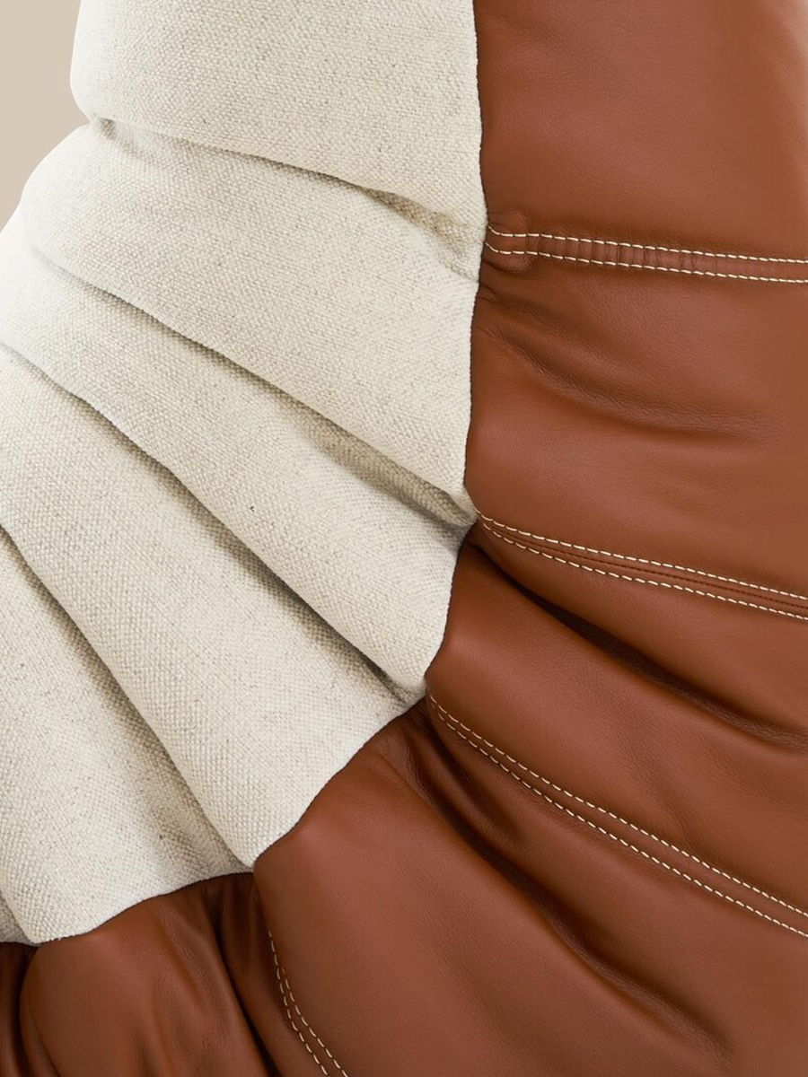 Close-up of fabric textures From the Ligne Roset x Boss Togo collab in beige and brown tones.