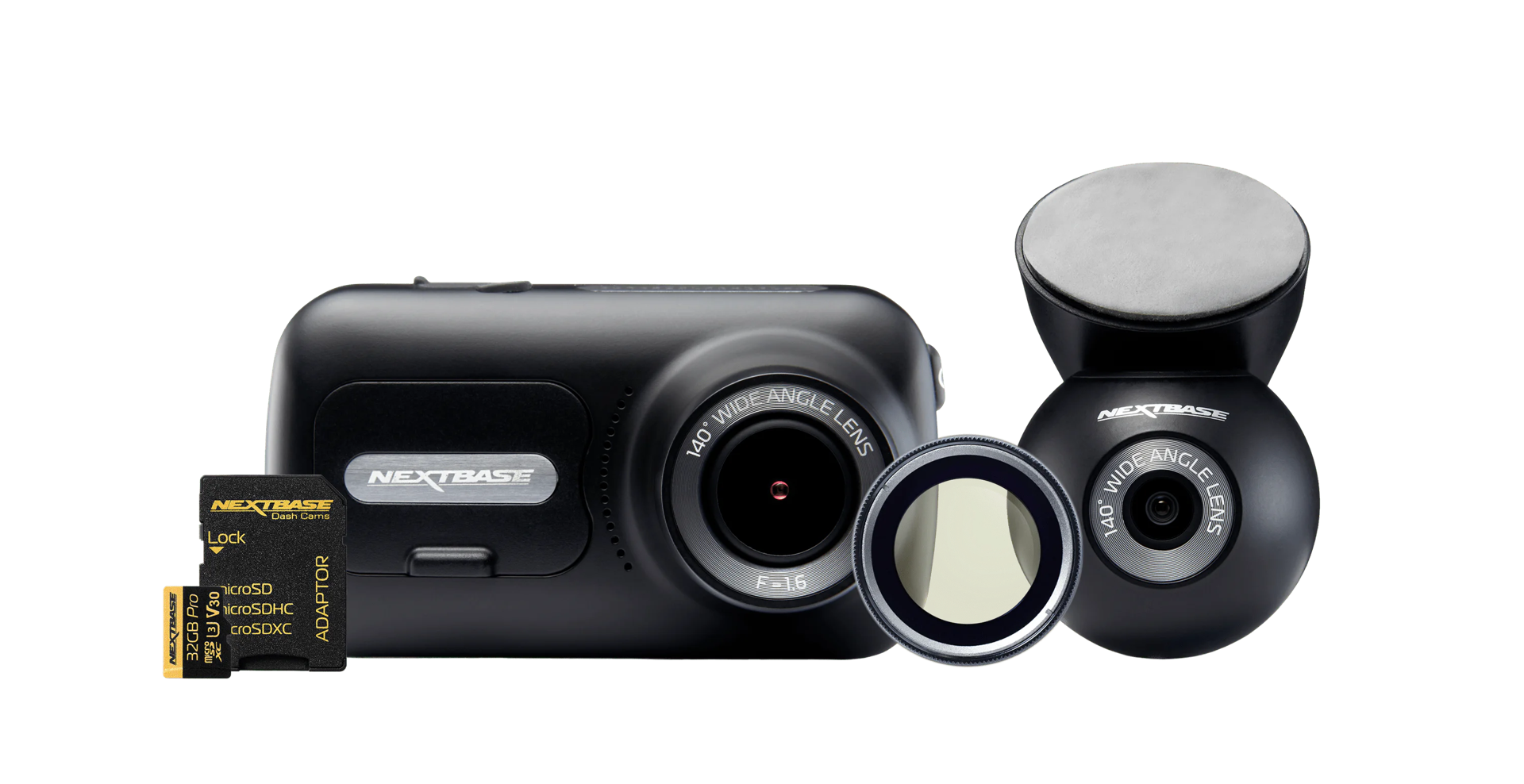 Black dash camera with accessories, including a memory card and lens.