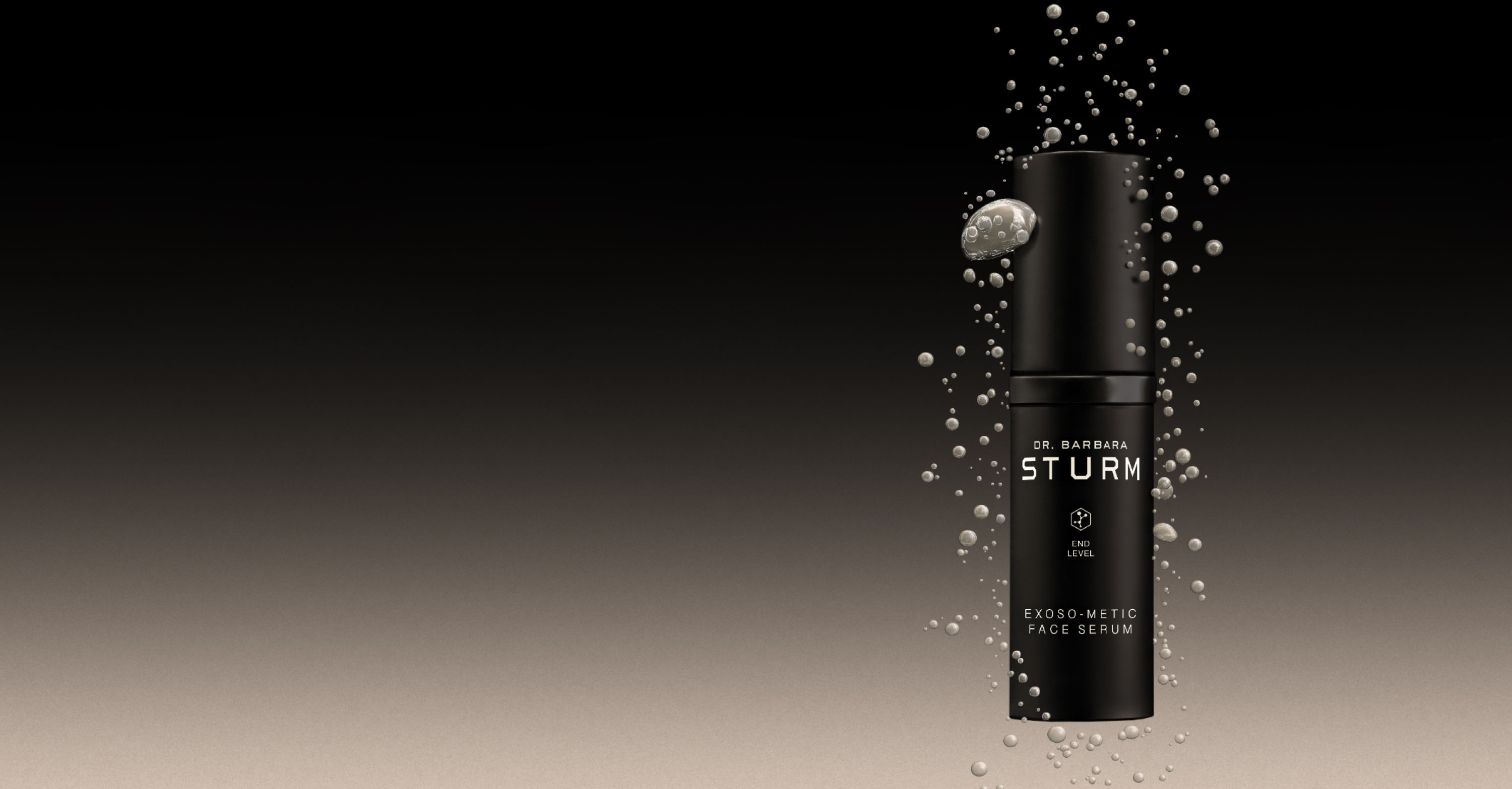 Black cosmetic bottle with water droplets against a gradient background.