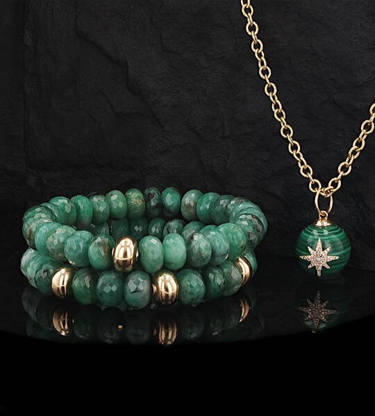 One of a kind green gemstone bracelets and necklace.