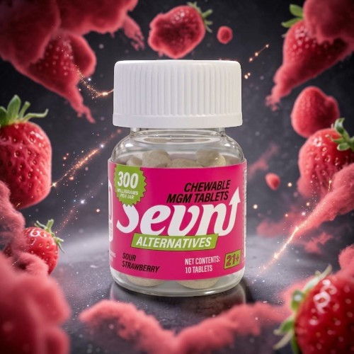 Bottle of Sevent alternatives surrounded by strawberries and raspberries.