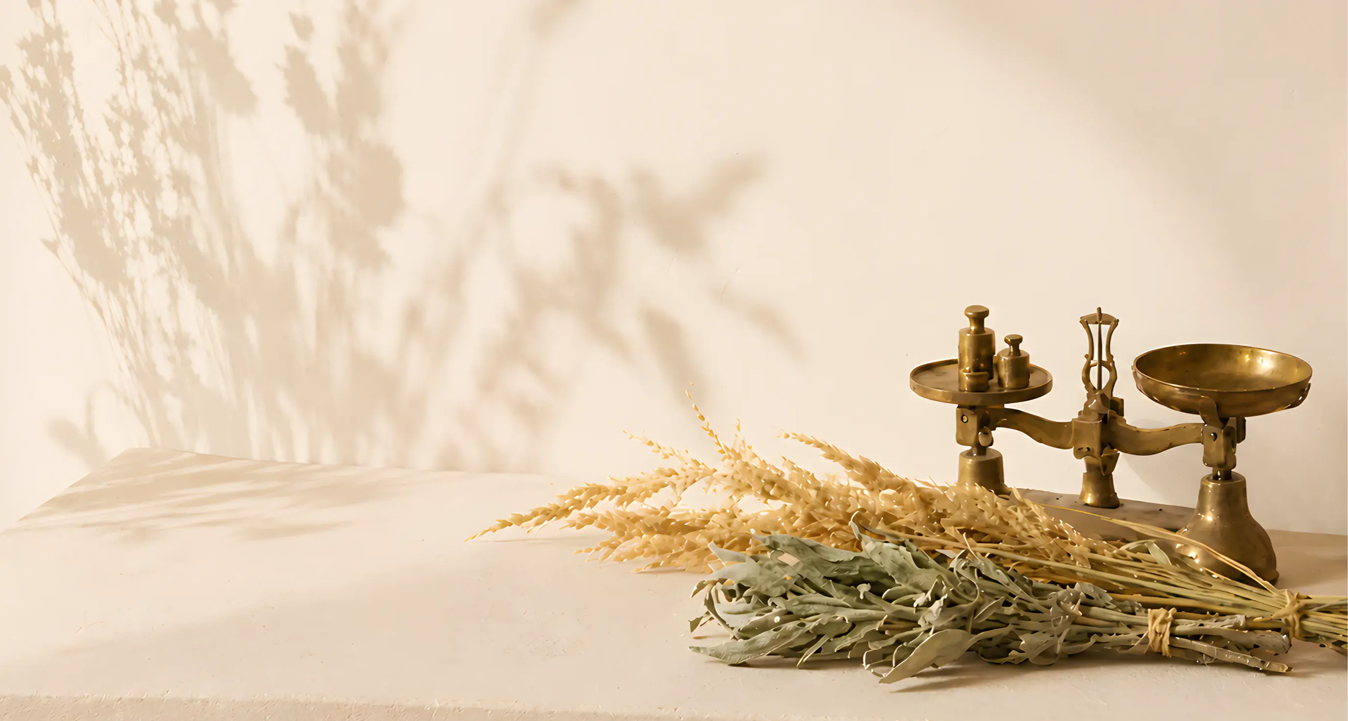 A neutral background with dried flowers and a vintage scale.
