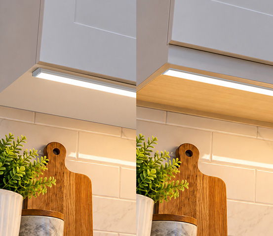 Under cabinet lighting installation comparison showing front lip/light rail and flat bottom cabinet mounting options