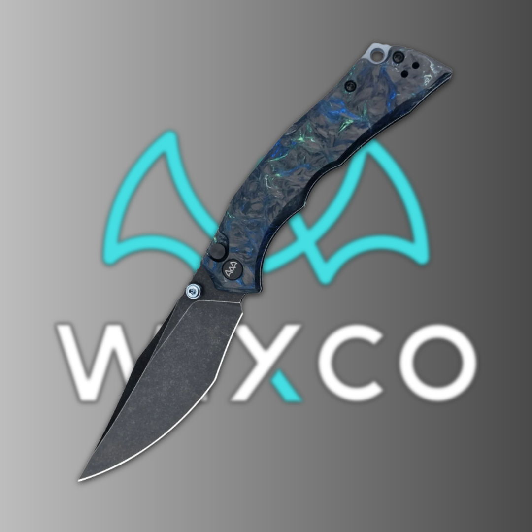 Folding knife with a patterned handle and a black blade on a gradient background.