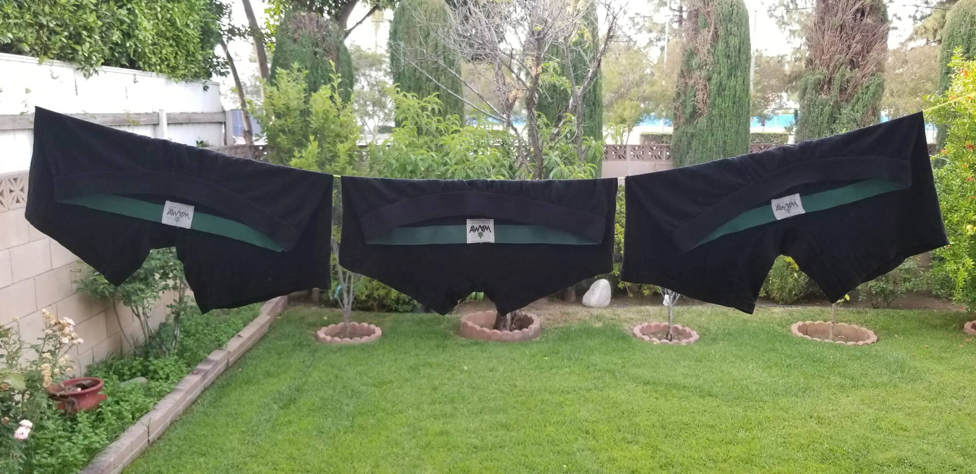 Should you wash underwear before wearing? Three pairs of WAMA boxers hang on a clothesline. 