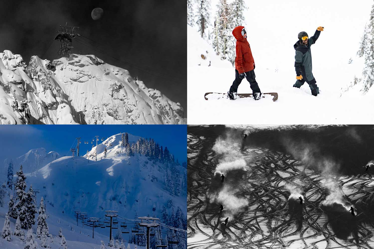 Four-panel collage featuring snowy landscapes and people enjoying winter activities.