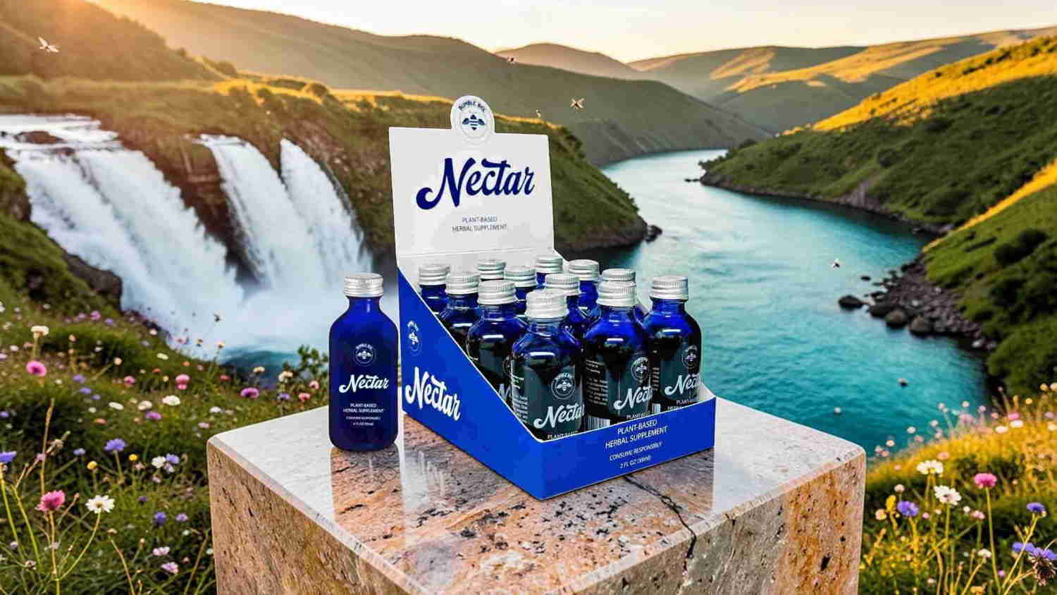 Bottles of water on display near a scenic river and waterfall.